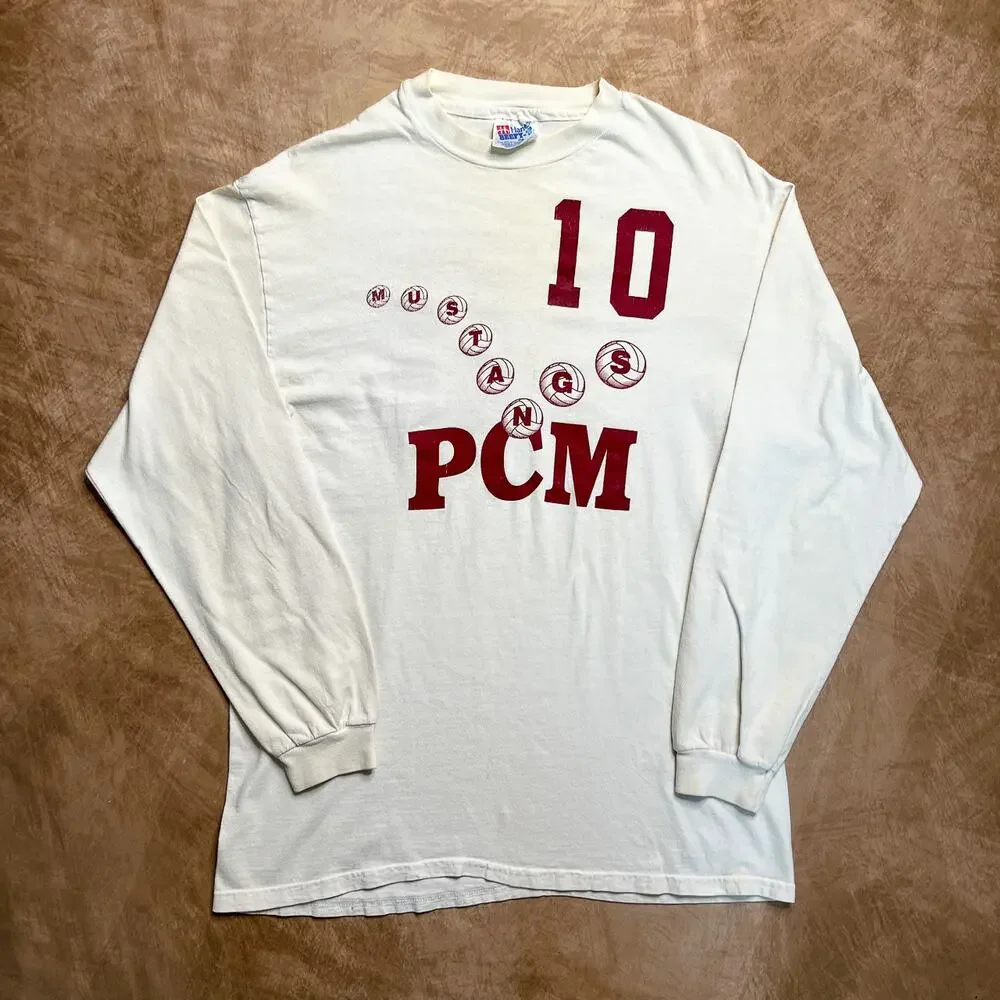 Vintage 90s Hanes PCM Mustangs Volleyball T-Shirt White Long Sleeve 10 Graphic